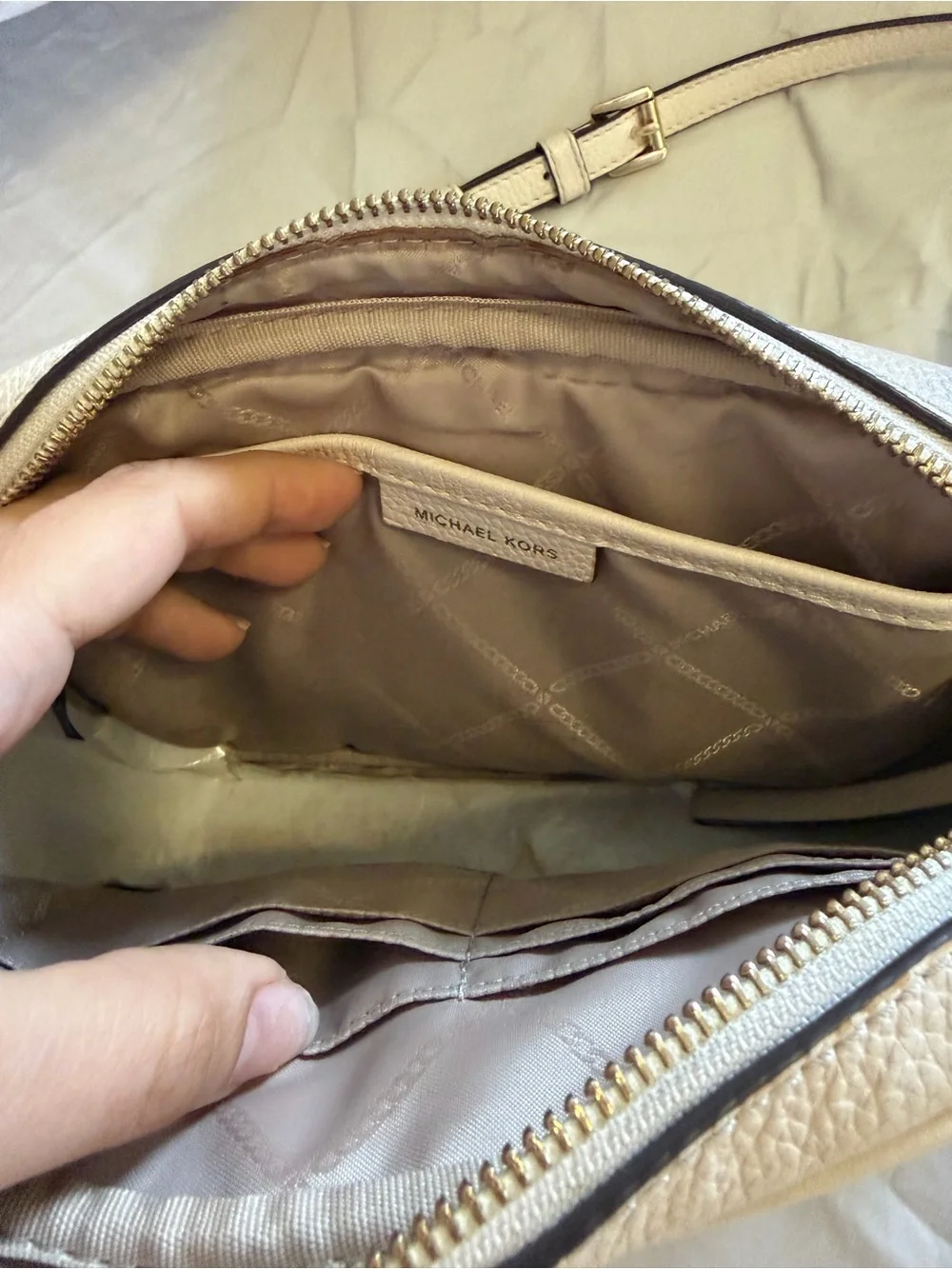 Michael Kors Cream Pebbled Leather Cosmetic Pouch with Gold Accents